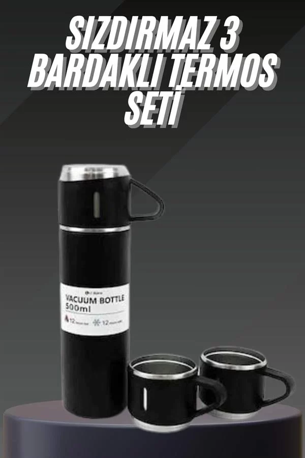 Termos Seti Paslanmaz Çelik 3 Bardaklı Vakumlu Termos Set 500 Ml 12 Saate Kadar Isı Koruma - Görsel 2