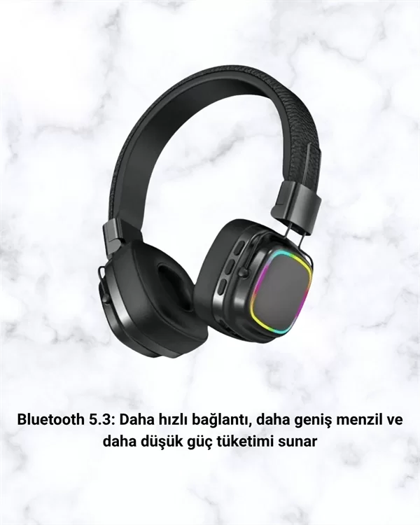 Bluetooth 5.3 Rainbow Işıklı Kulak Üstü Kablosuz Kulaklık - Görsel 3