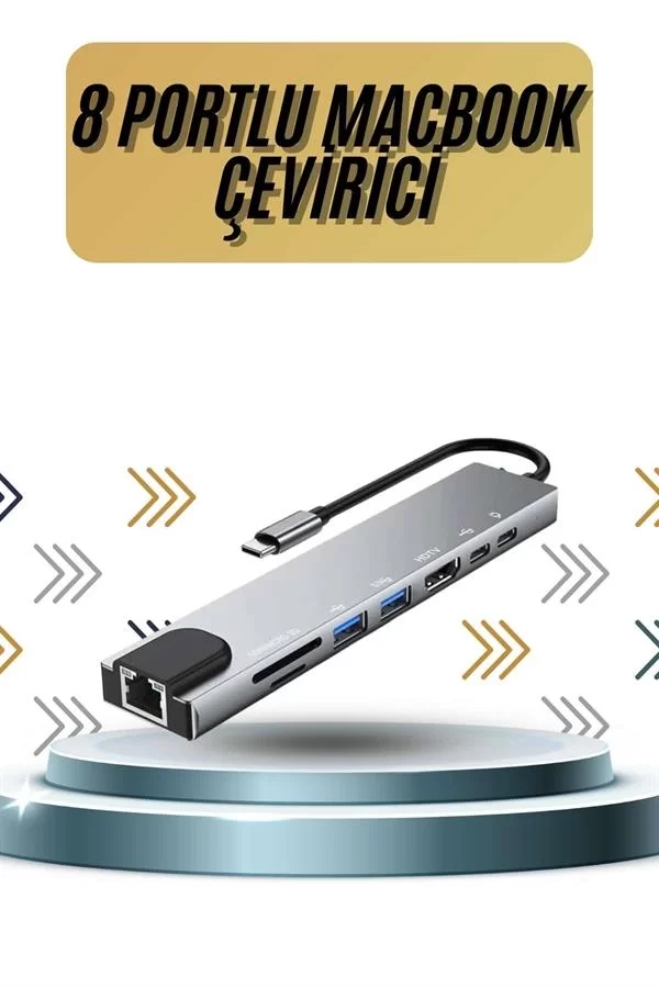 8 Portlu Macbook Çevirici Type C Hub SD TF USB Çoğaltıcı Ethernet - Görsel 2
