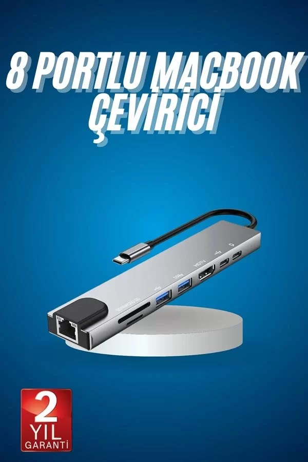 8 Port Çoklayıcı Macbook Ile Uyumlu Çoğaltıcı Type-C dönüştürücü TF SD kart - Görsel 2
