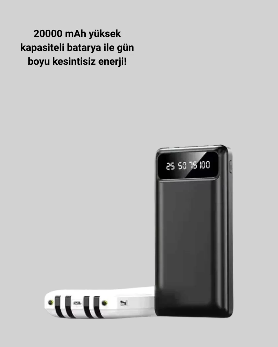 20.000mAh PD Powerbank LED Işık LCD Ekran Dahili Kablo Çoklu Giriş - Görsel 3