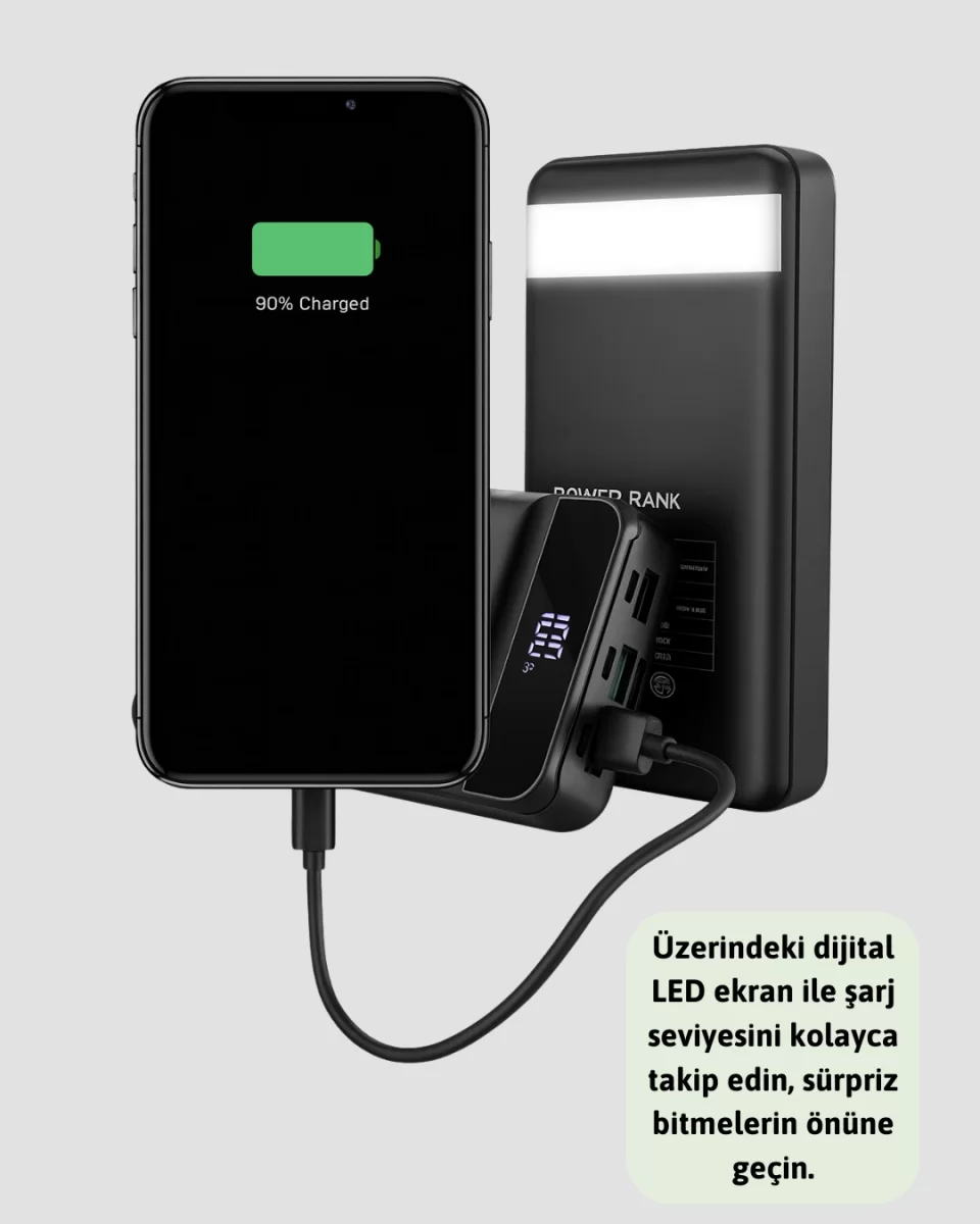 50.000 mAh Kapasiteli Powerbank – Hızlı Şarj Destekli, 4 USB Portlu, LED Işıklı Taşınabilir Enerji Deposu - Görsel 5