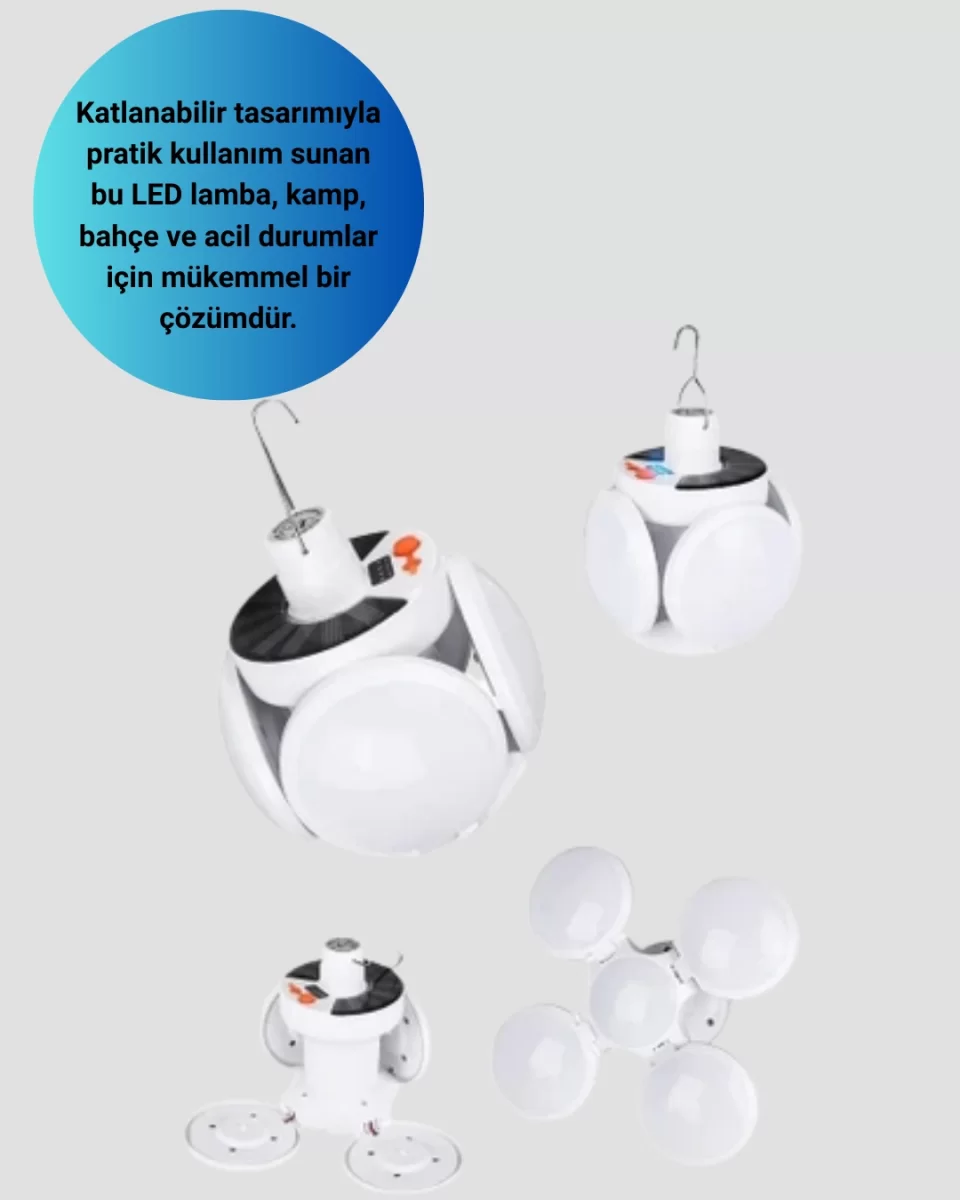 USB ve Solar Şarjlı Katlanabilir 5 Taraflı LED Lamba - Görsel 2