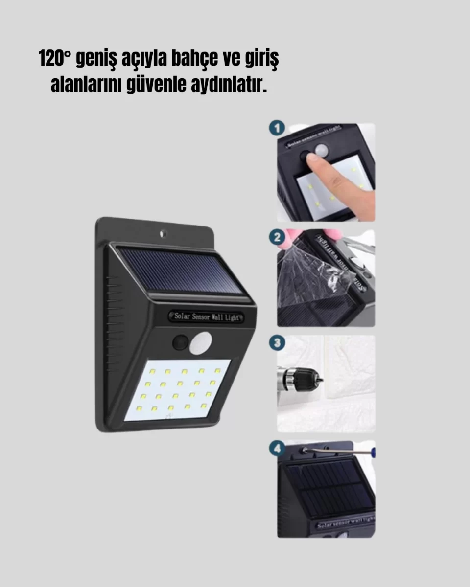 Solar Enerjili 20 LED Hareket Sensörlü Duvar Lambası - Görsel 3