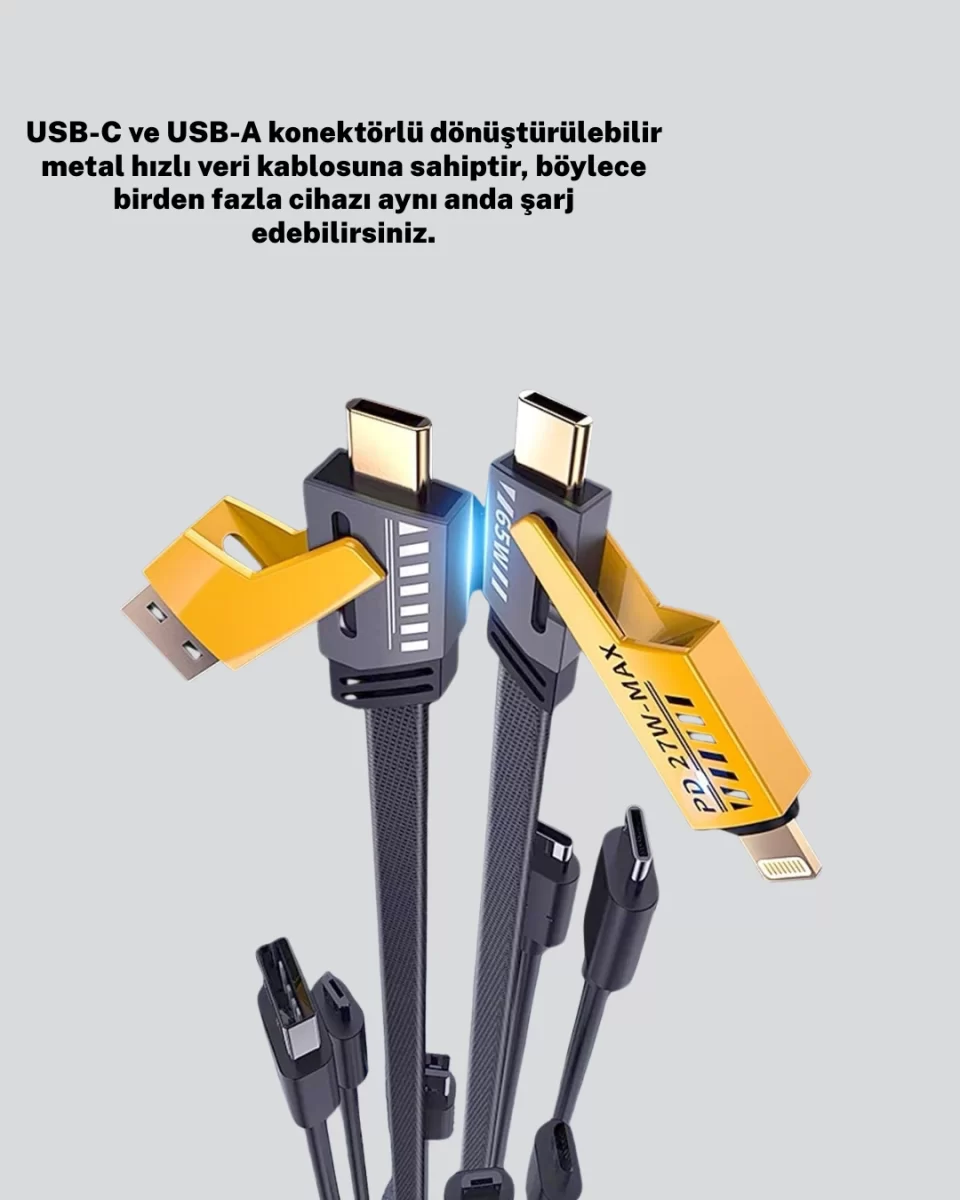 Hızlı Şarj Destekli 65W Örgülü USB-C ve USB-A Çoklu Şarj Kablosu - Görsel 2