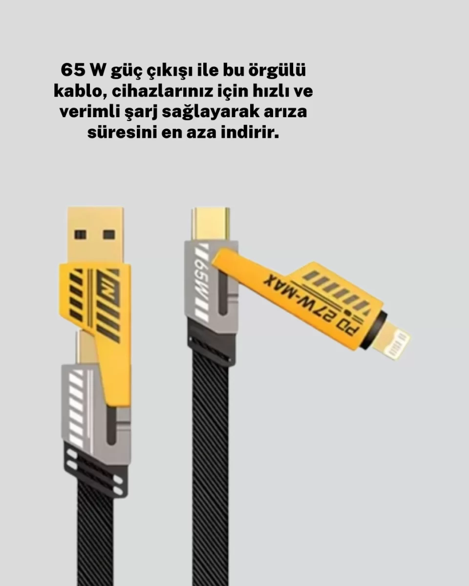 Hızlı Şarj Destekli 65W Örgülü USB-C ve USB-A Çoklu Şarj Kablosu - Görsel 3