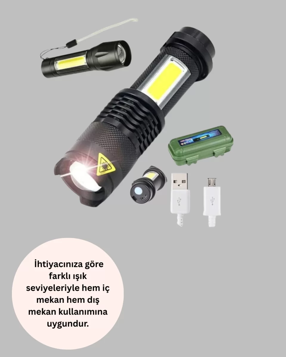 4 Modlu USB Şarjlı LED El Feneri Kamp ve Outdoor - Görsel 3