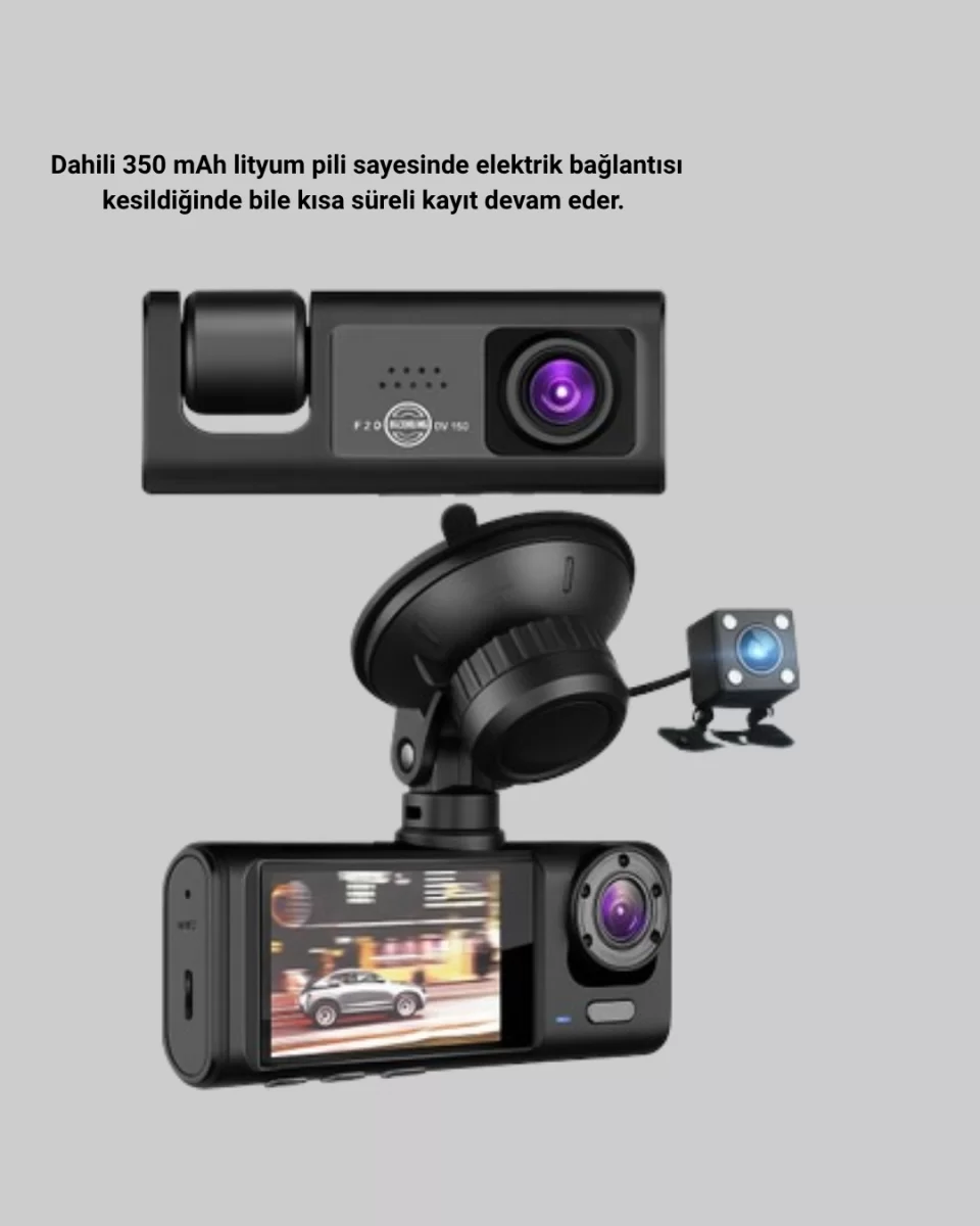 Üç Kameralı Araç İçi Kayıt Sistemi Full HD Gece Görüşlü ve G-Sensör Destekli - Görsel 3