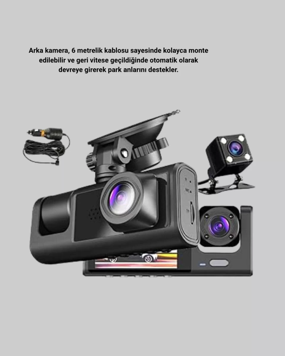 Üç Kameralı Araç İçi Kayıt Sistemi Full HD Gece Görüşlü ve G-Sensör Destekli - Görsel 4