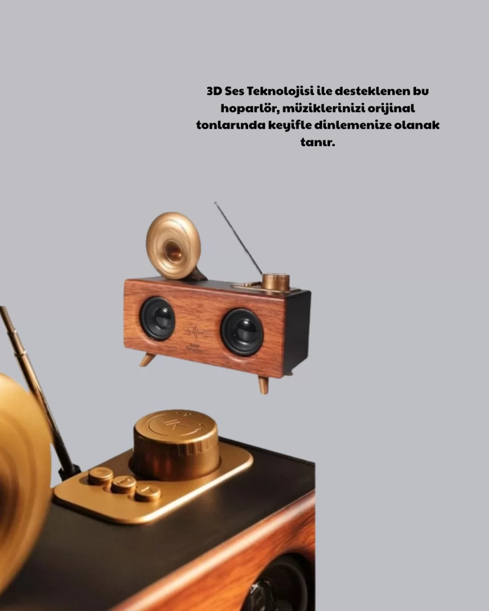 Nostaljik Gramofon Bluetooth Hoparlör – FM Radyo + USB + SD Kart Destekli - Görsel 4