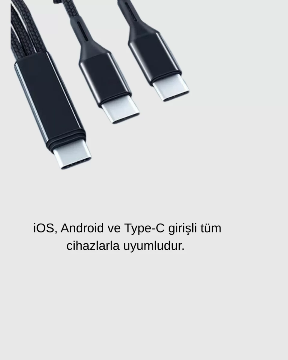 3’ü 1 Arada Şarj Kablosu Type-C iOS Android Uyumlu Hızlı ve Güvenli Şarj - Görsel 4