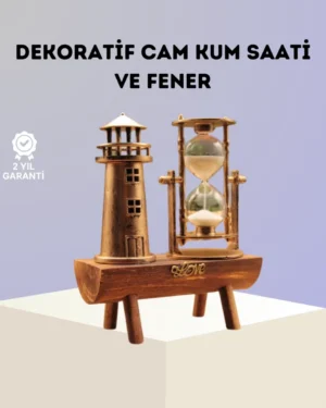 Dekoratif Ahşap Kum Saati ve Deniz Feneri Figürlü Masa Süsü – Şık ve Fonksiyonel Tasarım