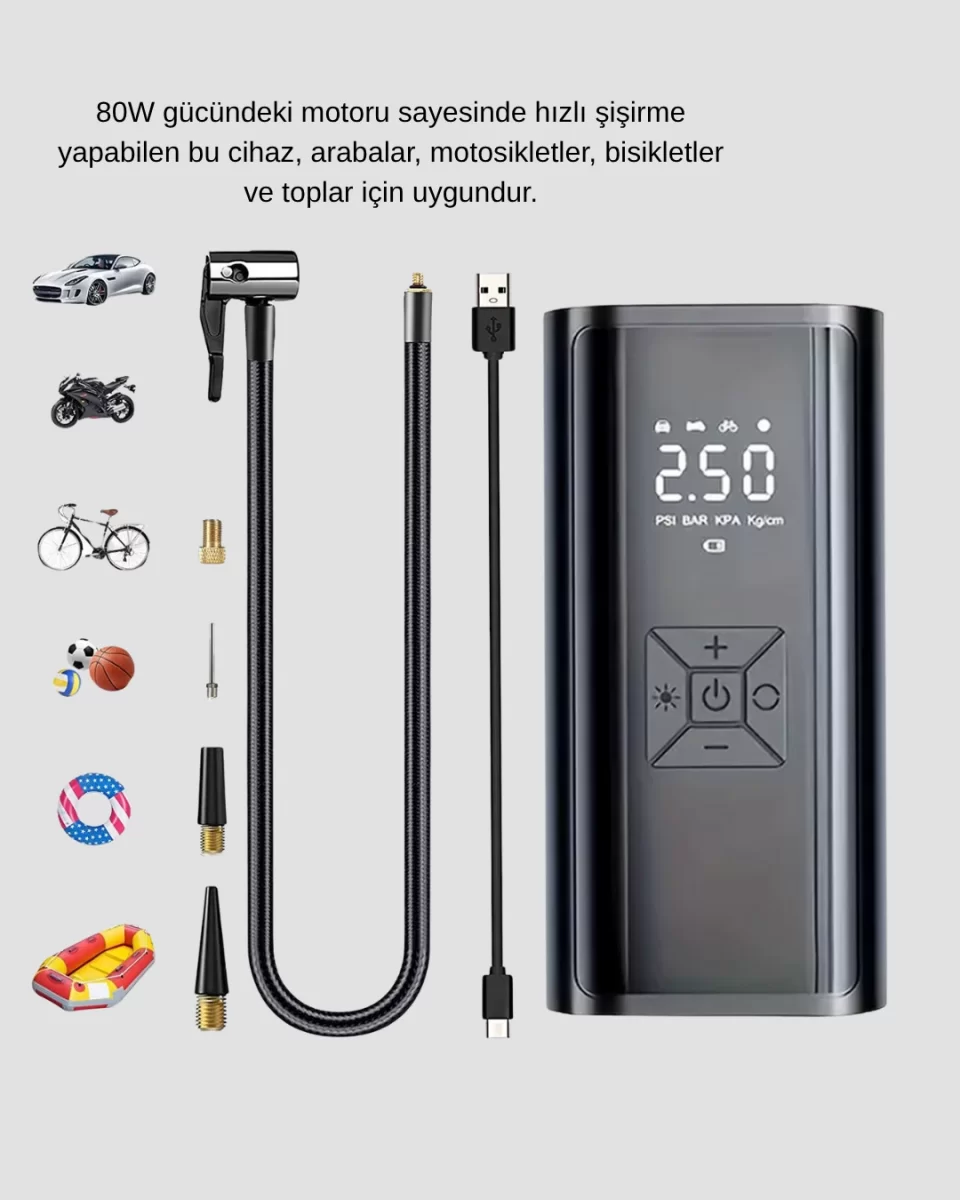 Taşınabilir 80W Kablosuz Lastik Şişirme Pompası Dijital Ekranlı - Görsel 4
