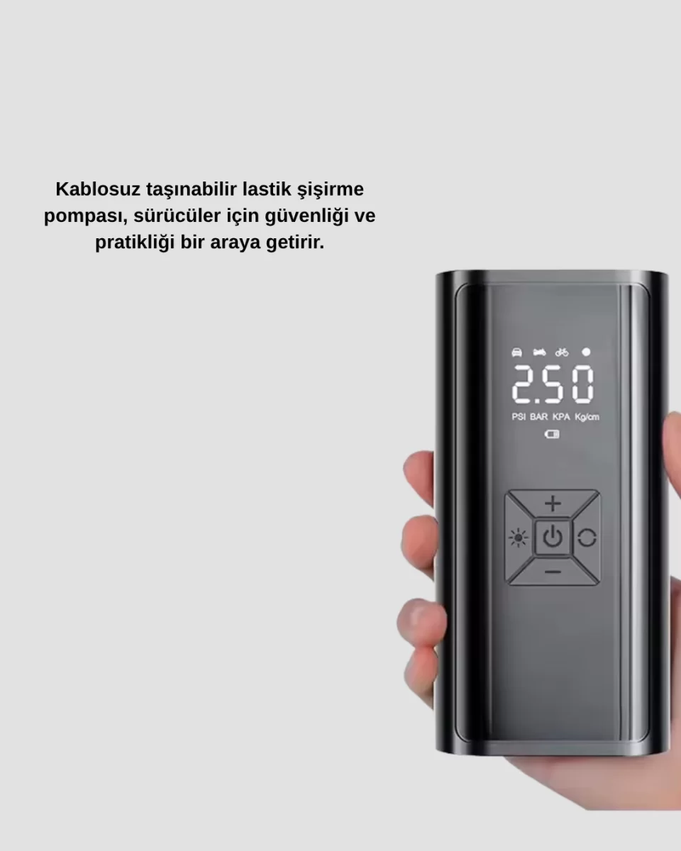Kablosuz Dijital Lastik Şişirme Pompası LED Işıklı 80W - Görsel 5