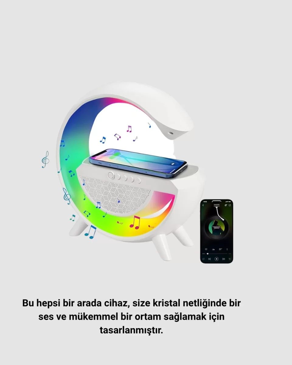 RGB Işıklı Kablosuz Şarjlı Hoparlör – FM Radyolu Akıllı Gece Lambası - Görsel 4