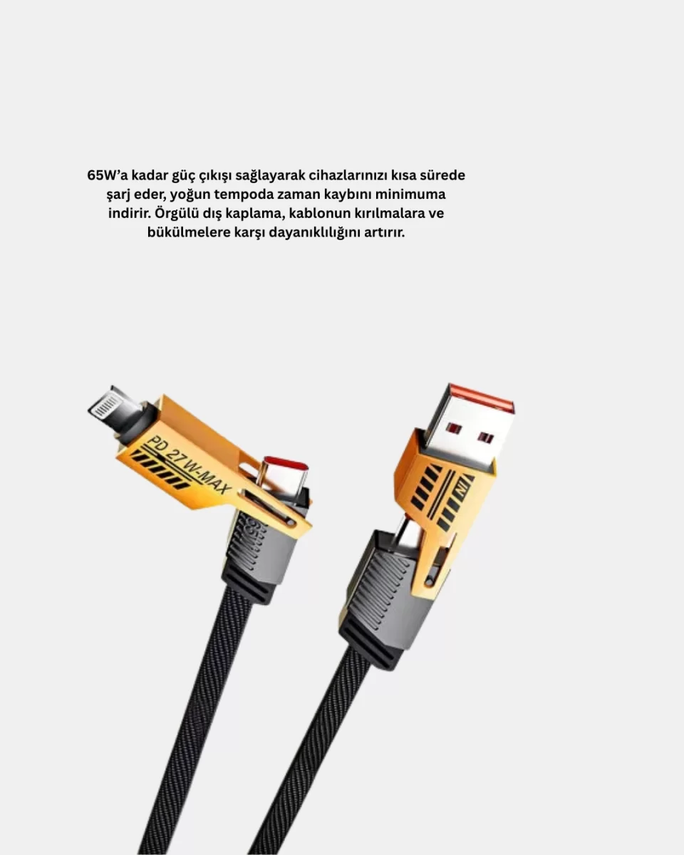 USB-C USB-A 4’ü 1 Arada Örgülü Kablo 65W Hızlı Şarj Metal Uç Dayanıklı - Görsel 3