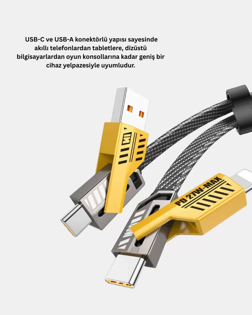 USB-C USB-A 4’ü 1 Arada Örgülü Kablo 65W Hızlı Şarj Metal Uç Dayanıklı - Görsel 5