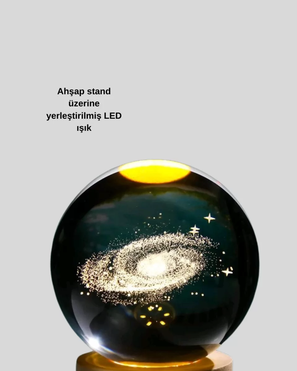 Samanyolu Desenli Kristal Küre Ahşap Standlı Gün Işığı LED Masa Lambası - Görsel 5