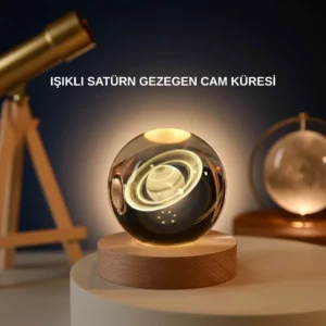 Satürn Gezegenli Kristal Küre LED Lamba USB’li Ahşap Standlı