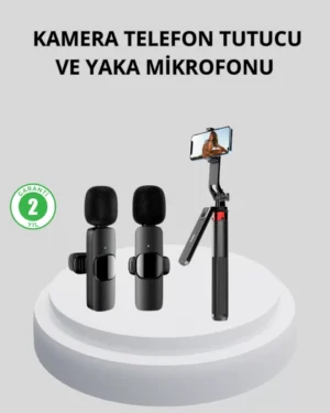 Kablosuz Çift Yaka Mikrofonu ve Tripodlu Selfie Çubuğu İçerik Üretici Seti
