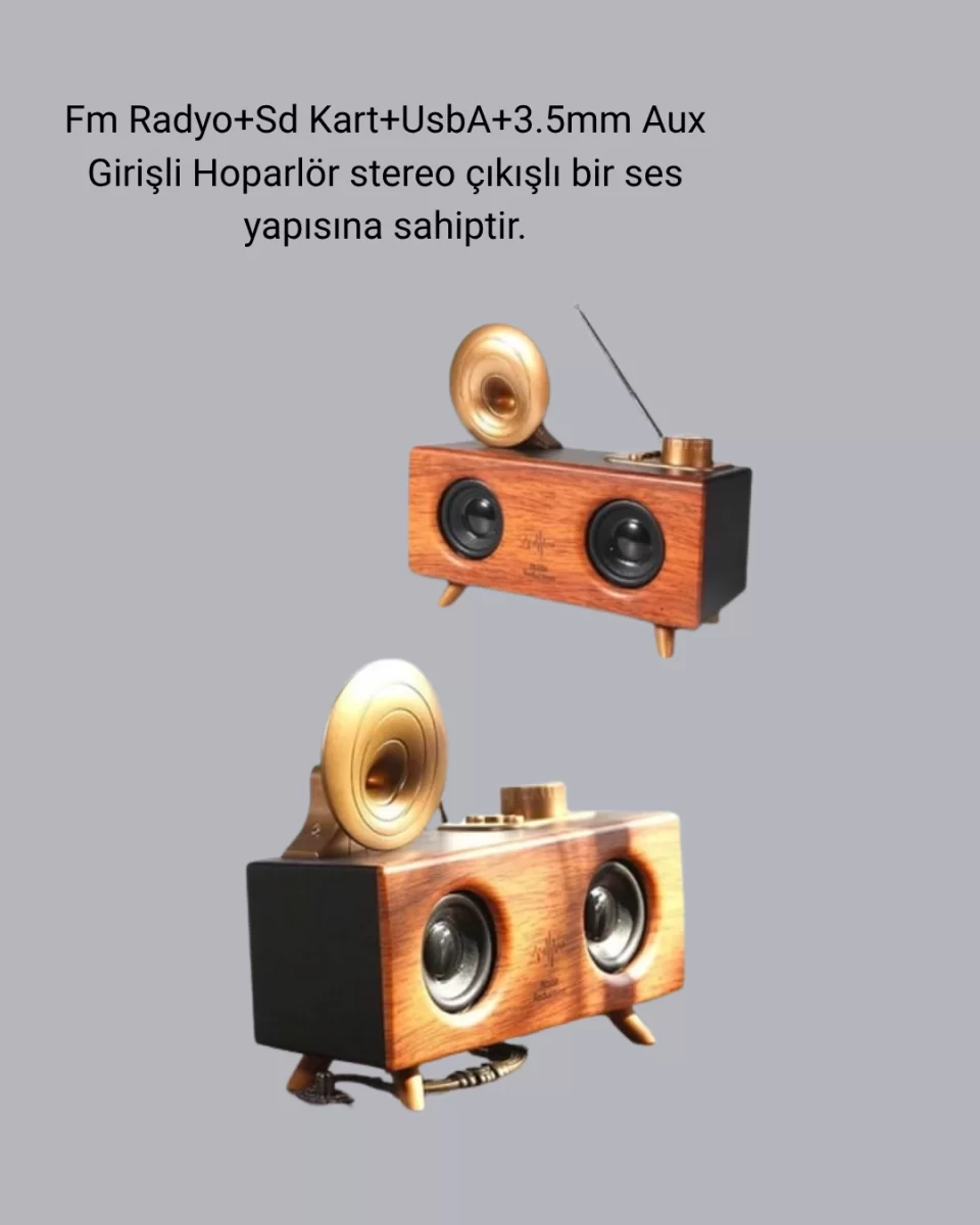 Retro Gramafon Bluetooth Hoparlör Çift Stereo Sesli FM Radyo Destekli - Görsel 3