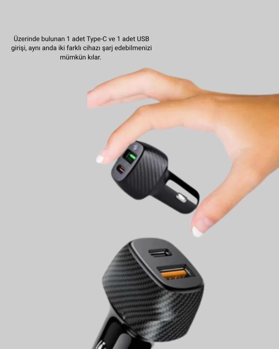 Araç Tipi Hızlı Şarj Adaptörü Type-C PD USB Çift Port Kompakt - Görsel 5
