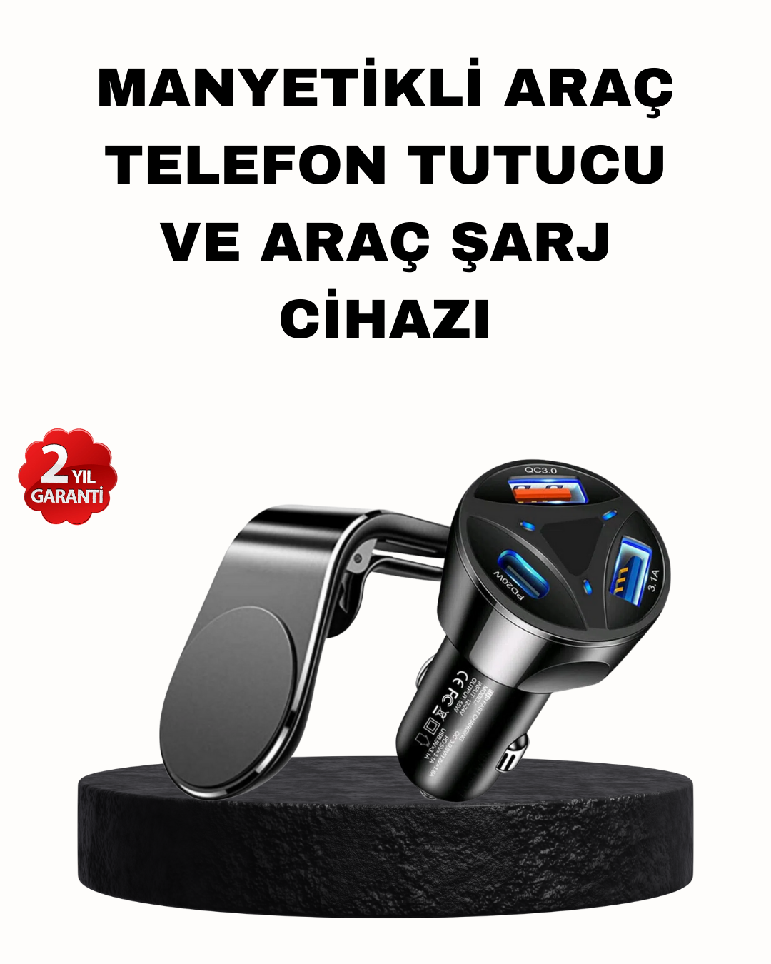 Manyetik Araç Telefon Tutucu ve Hızlı Şarj Adaptörü 2’li Set