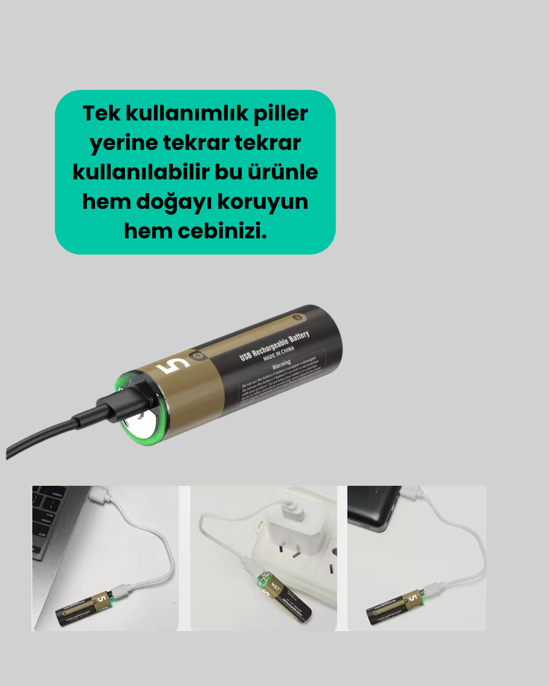 USB Type-C Girişli Şarjlı AA Lityum Pil | 1.5V Sabit Çıkış | 3200mWh (2'li Paket) - Görsel 2