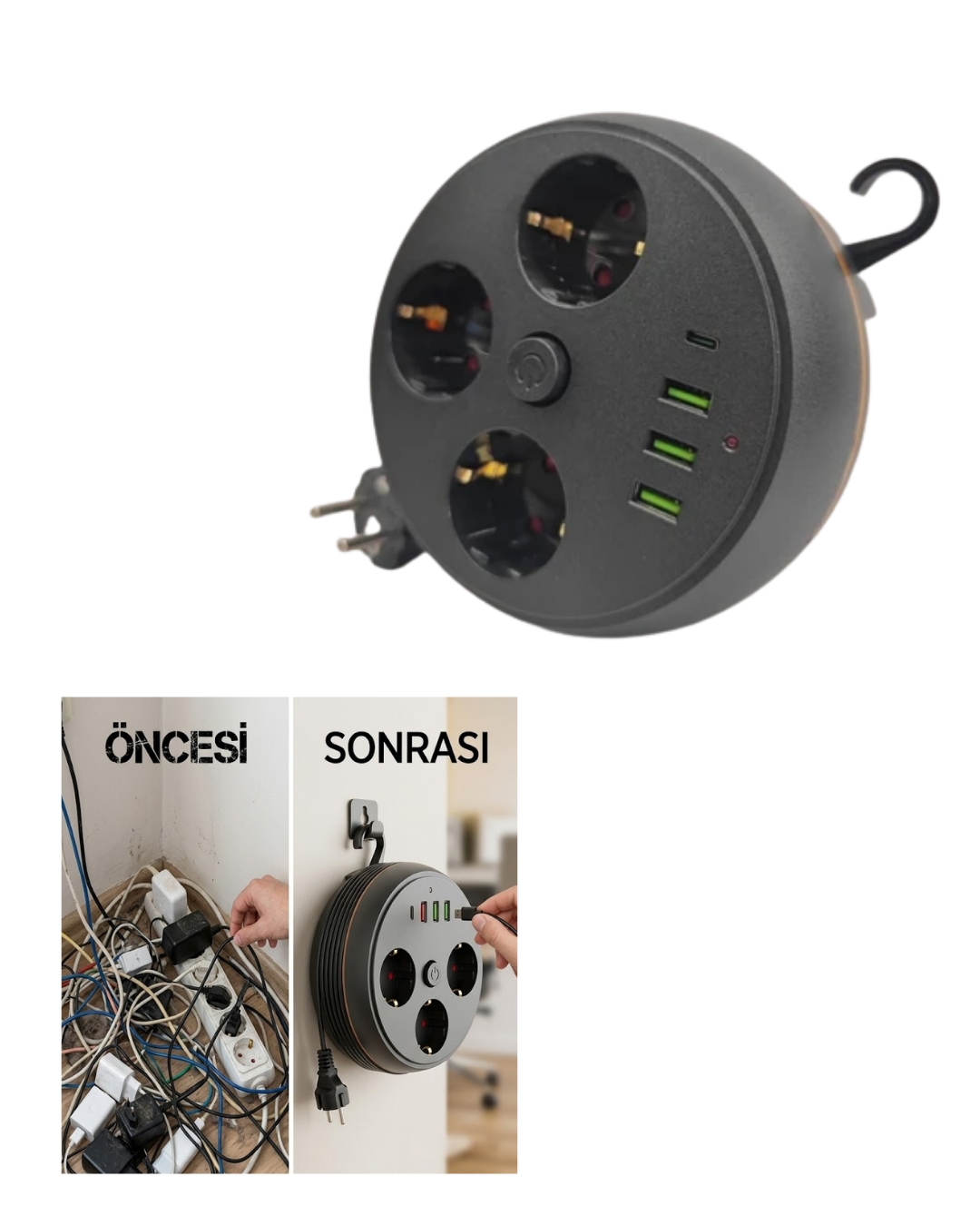 Güvenli Çoklu Priz 3 Priz 3 USB 1 Type C Termal Koruma Uzun Kablo - Görsel 5