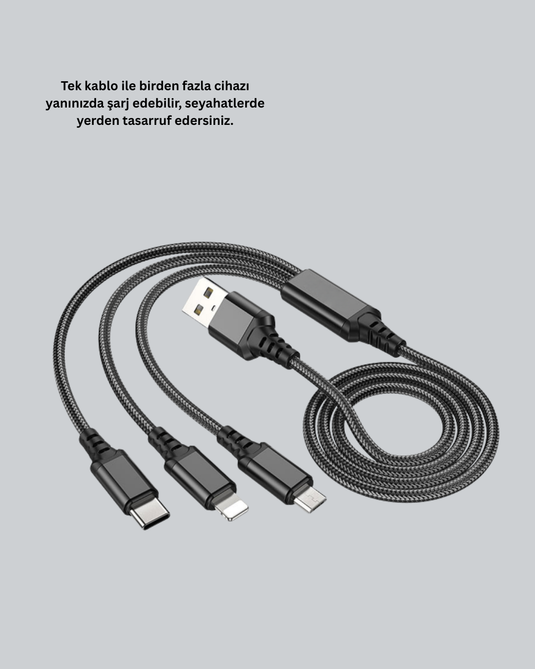 3’ü 1 Arada Hızlı Şarj Kablosu – iOS Android Type-C Uyumlu - Görsel 5
