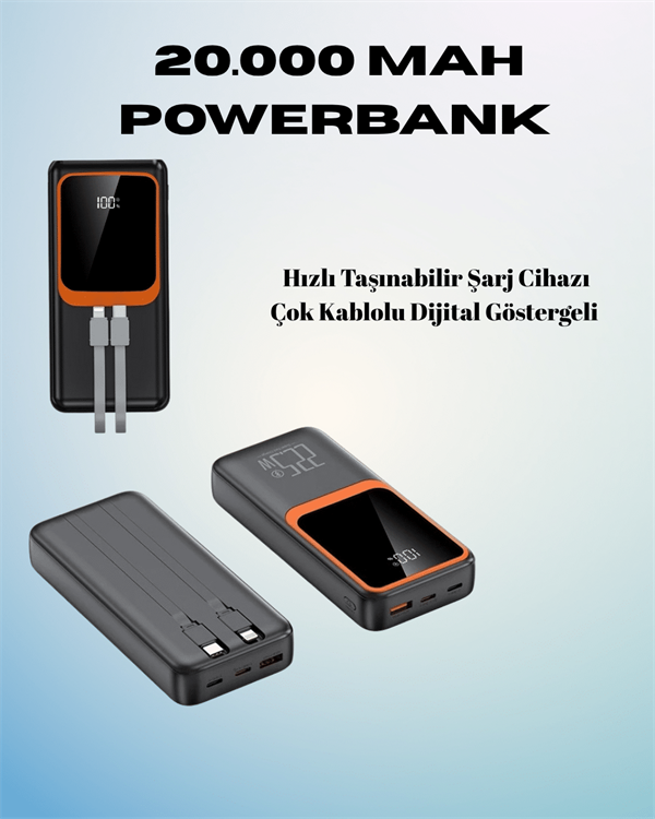 20000 mAh Powerbank | Çok Kablolu, Dijital Göstergeli, Yüksek Hızlı Şarj Cihazı - Görsel 2