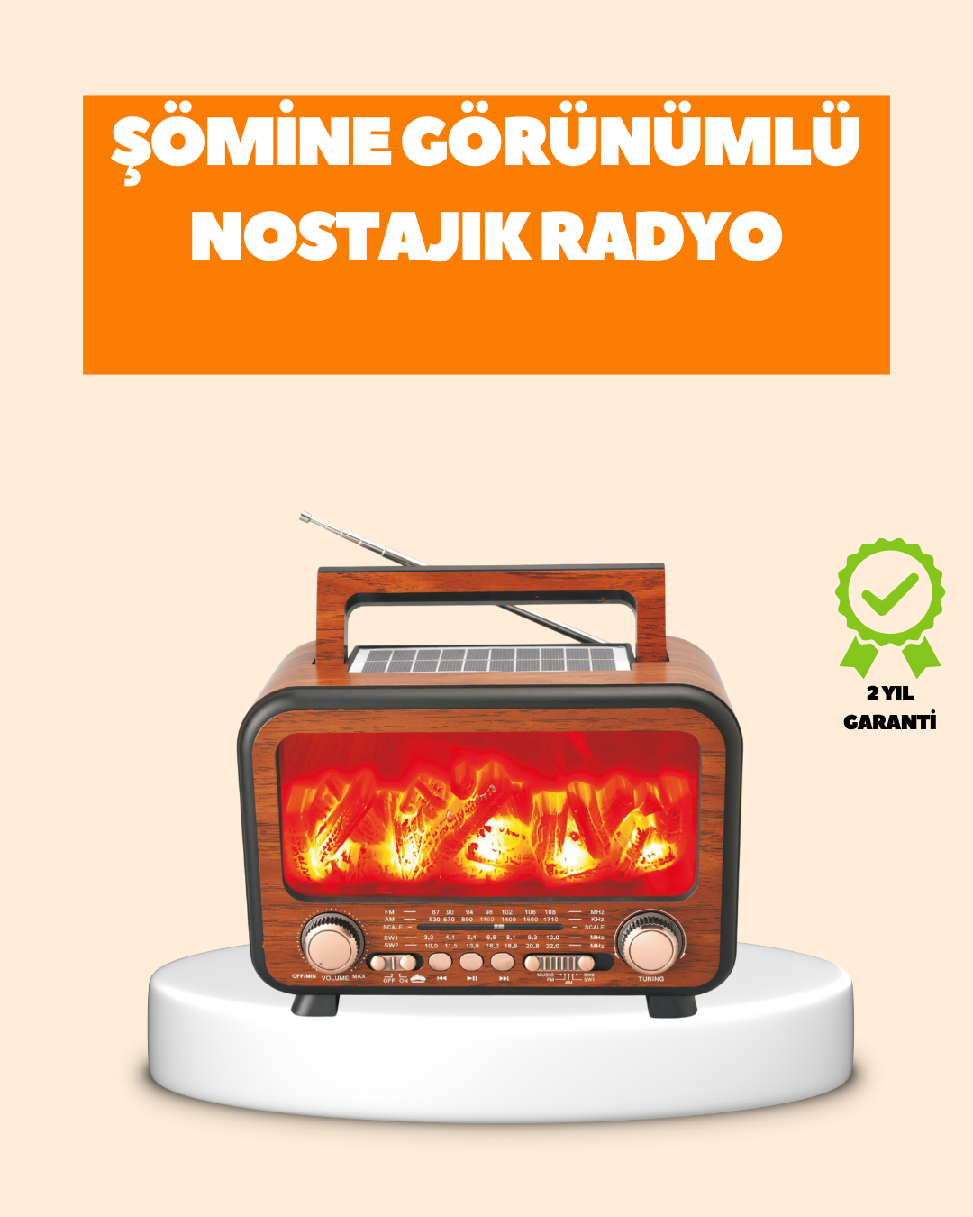 Şömine Alev Işıklı Solar Bluetooth Hoparlör – 7W Güçlü Ses, FM Radyo