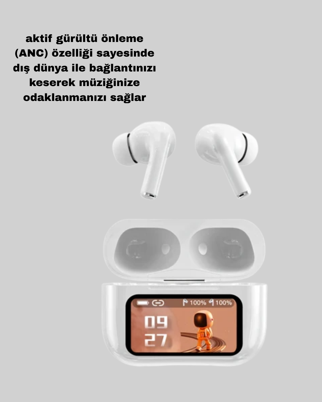 Dokunmatik Ekranlı Bluetooth Kulaklık – ANC, Suya Dayanıklı, Powerbank Kutulu - Görsel 2