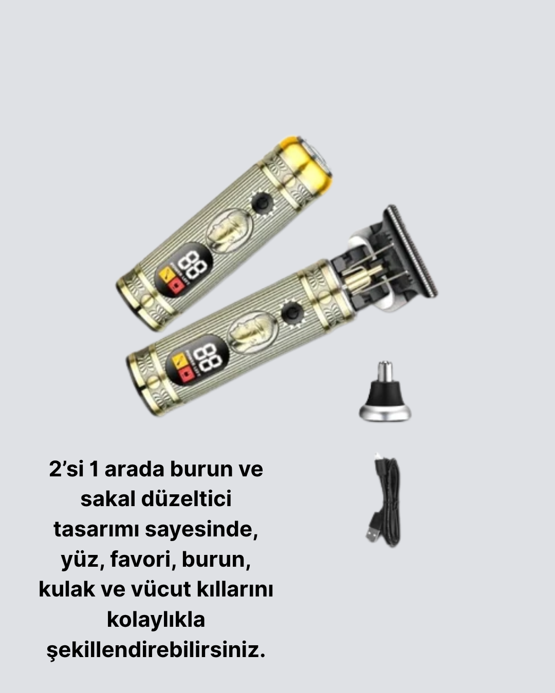 T Bıçaklı Şarjlı Saç Kesme ve Sakal Düzeltici – Burun Trimmerlı 2’si 1 Arada Set - Görsel 2