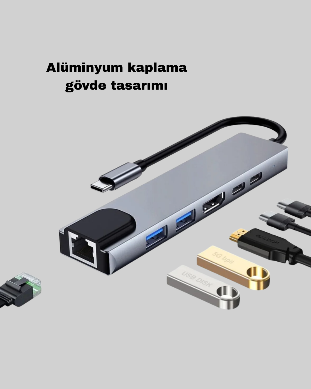 Type-C Çoklu Dönüştürücü – Alüminyum Gövde, Hızlı Veri Aktarımı ve Şarj Desteği - Görsel 2