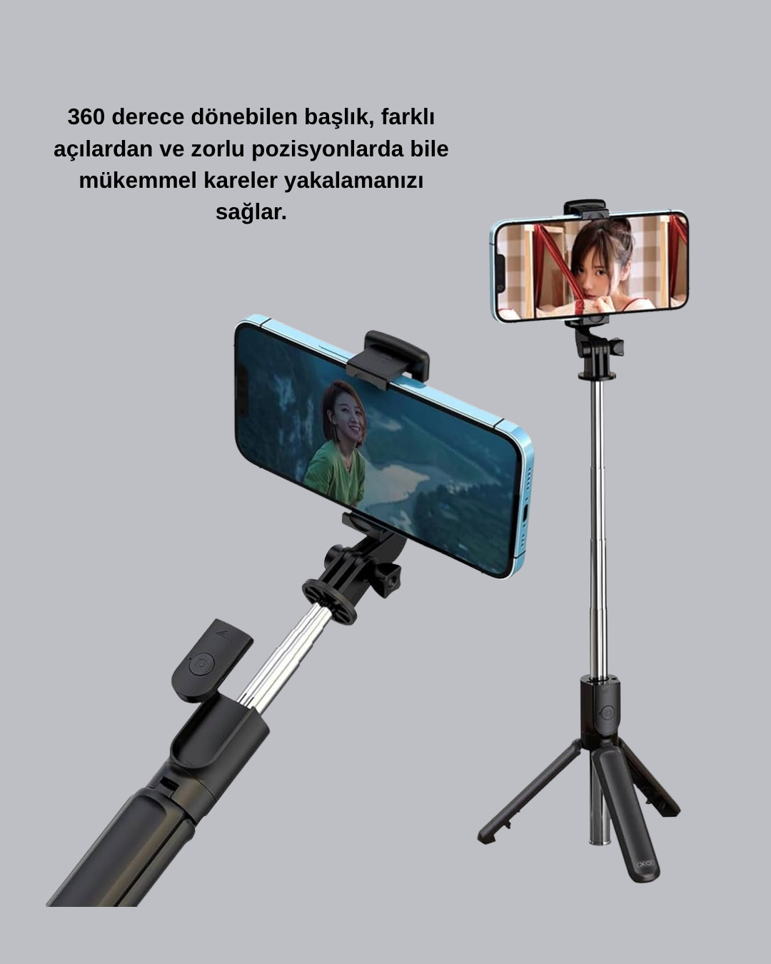 Bluetooth Selfie Çubuğu – 360° Dönebilen Başlık, Kablosuz Bağlantı - Görsel 2