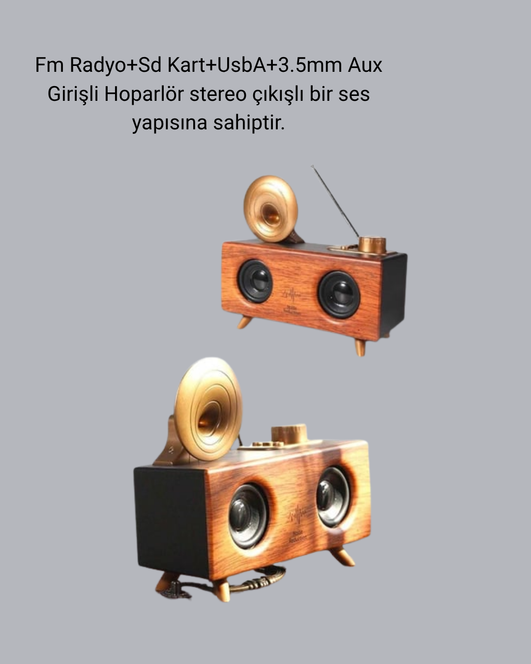 Çift Hoparlörlü Retro Bluetooth Speaker 1800mAh Bataryalı AUX USB SD Kartlı - Görsel 3