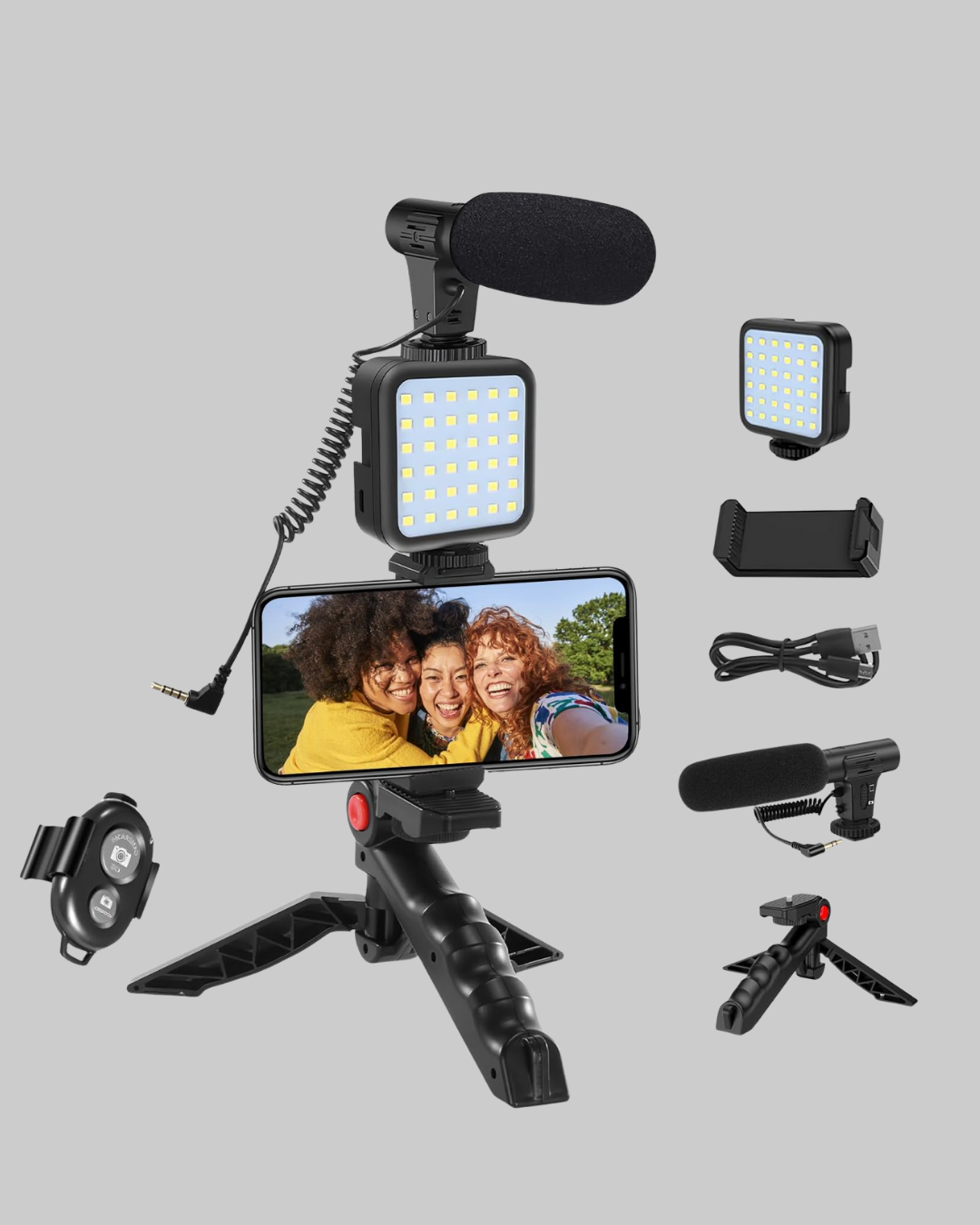 Profesyonel Vlog Çekim Kiti LED Işıklı Tripod Mikrofonlu Telefon Seti - Görsel 3