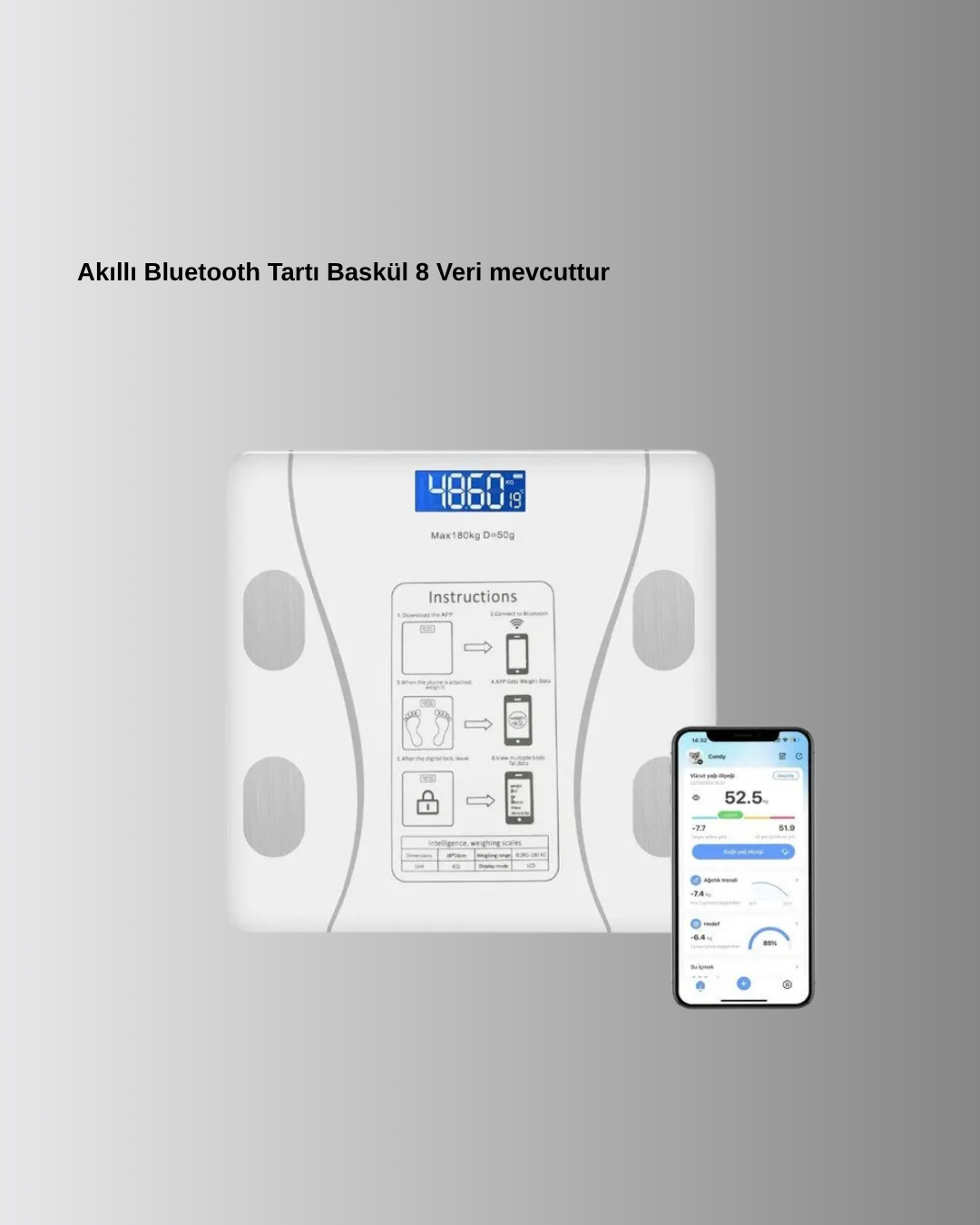 Akıllı Dijital Baskül – Bluetooth Bağlantılı, 8 Ölçüm Verili, Akıllı Vücut Analiz Tartısı - Görsel 3