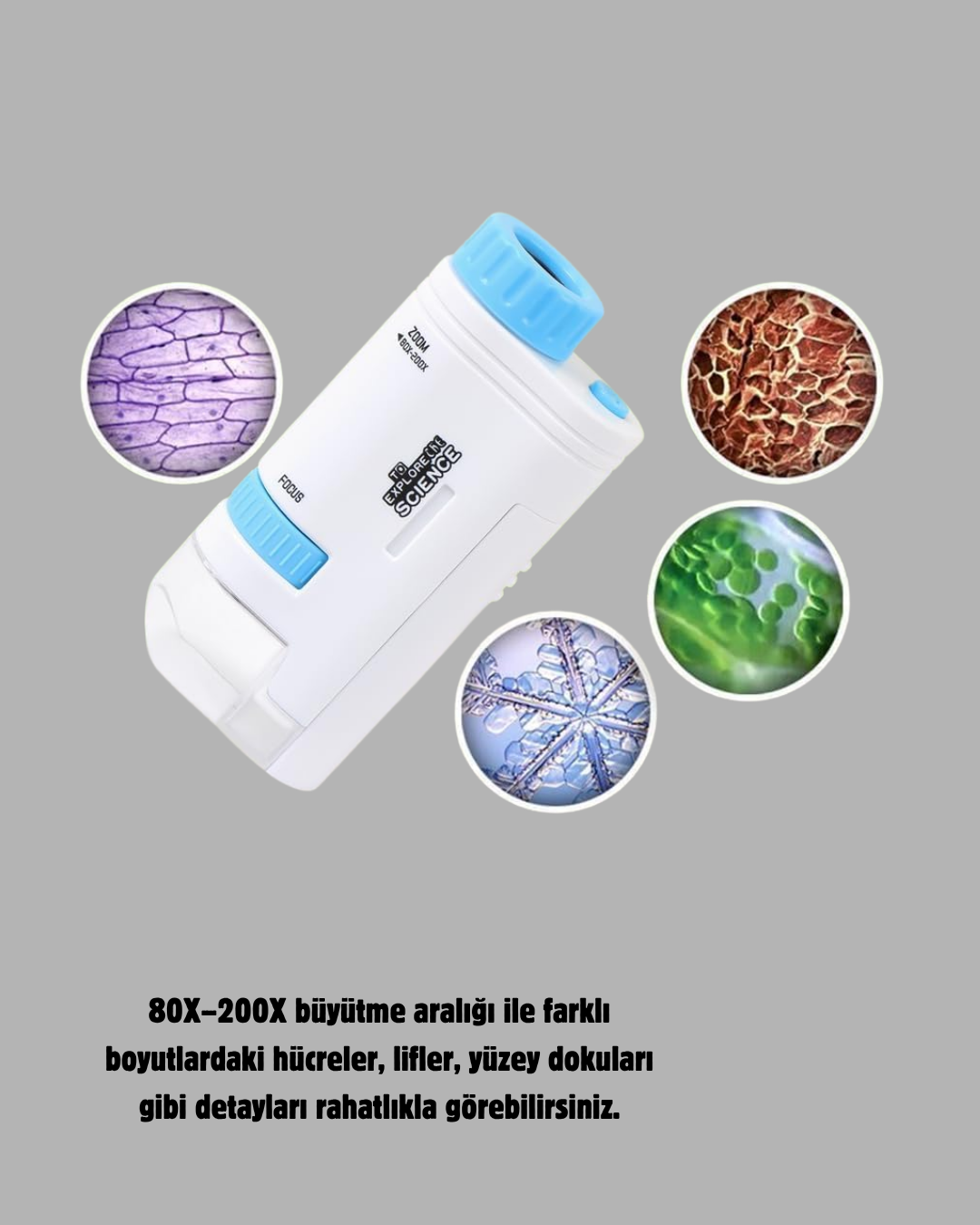 Taşınabilir Mini Mikroskop LED Işıklı 80X–200X Büyütmeli ve Odak Ayarlı - Görsel 3