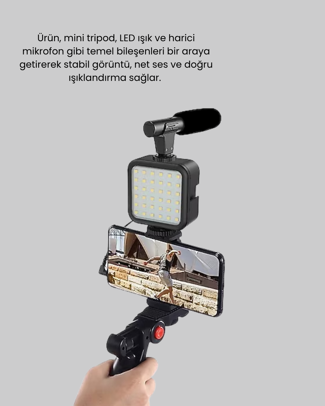 Profesyonel Vlog Çekim Kiti LED Işıklı Tripod Mikrofonlu Telefon Seti - Görsel 4