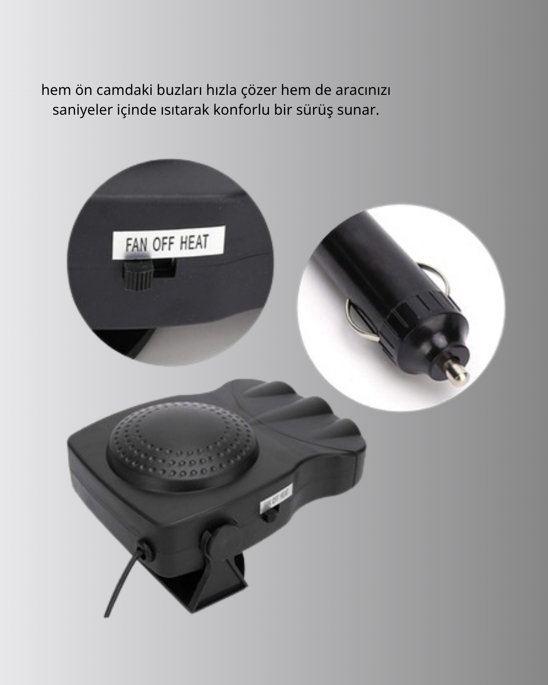 3’ü 1 Arada Araç İçi Isıtıcı ve Fan 150W Güçlü ve 360° Dönebilen Başlıklı - Görsel 4