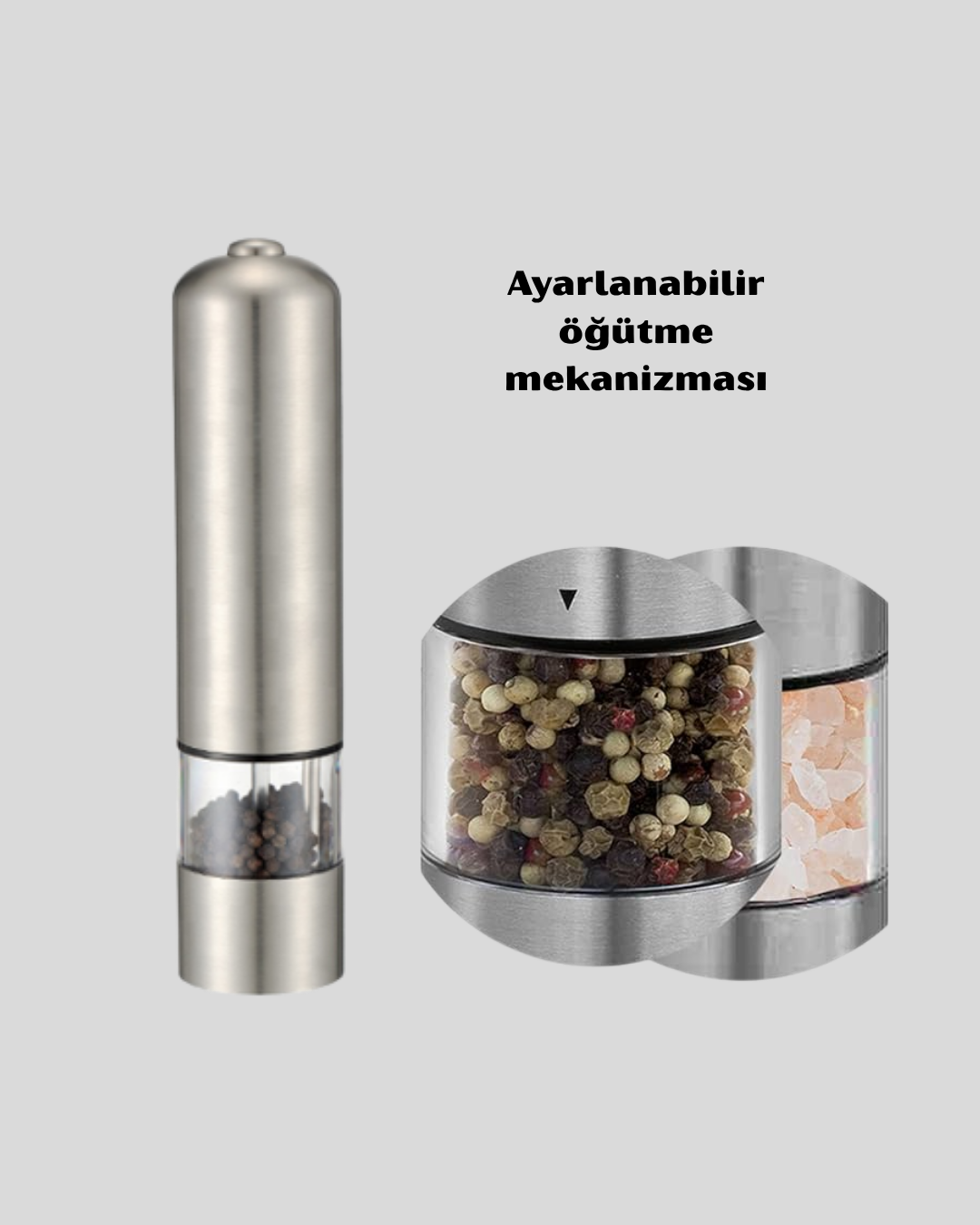 Modern Otomatik Baharat Öğütücü Seti – Pilli, Paslanmaz Çelik, LED Aydınlatmalı - Görsel 4