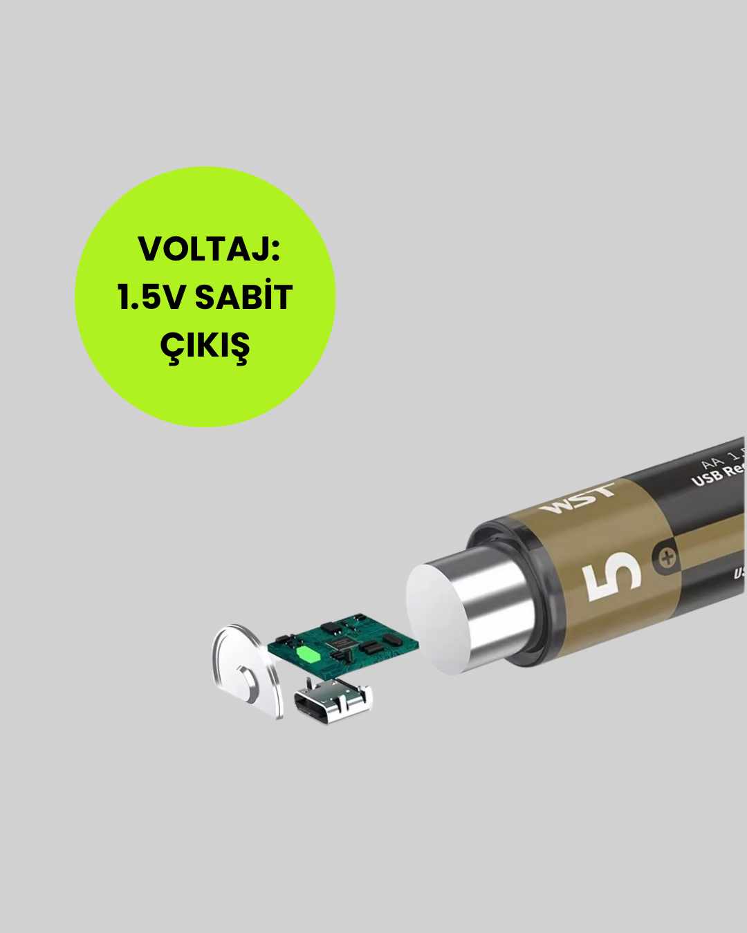 USB Type-C Girişli Şarjlı AA Lityum Pil | 1.5V Sabit Çıkış | 3200mWh (2'li Paket) - Görsel 3