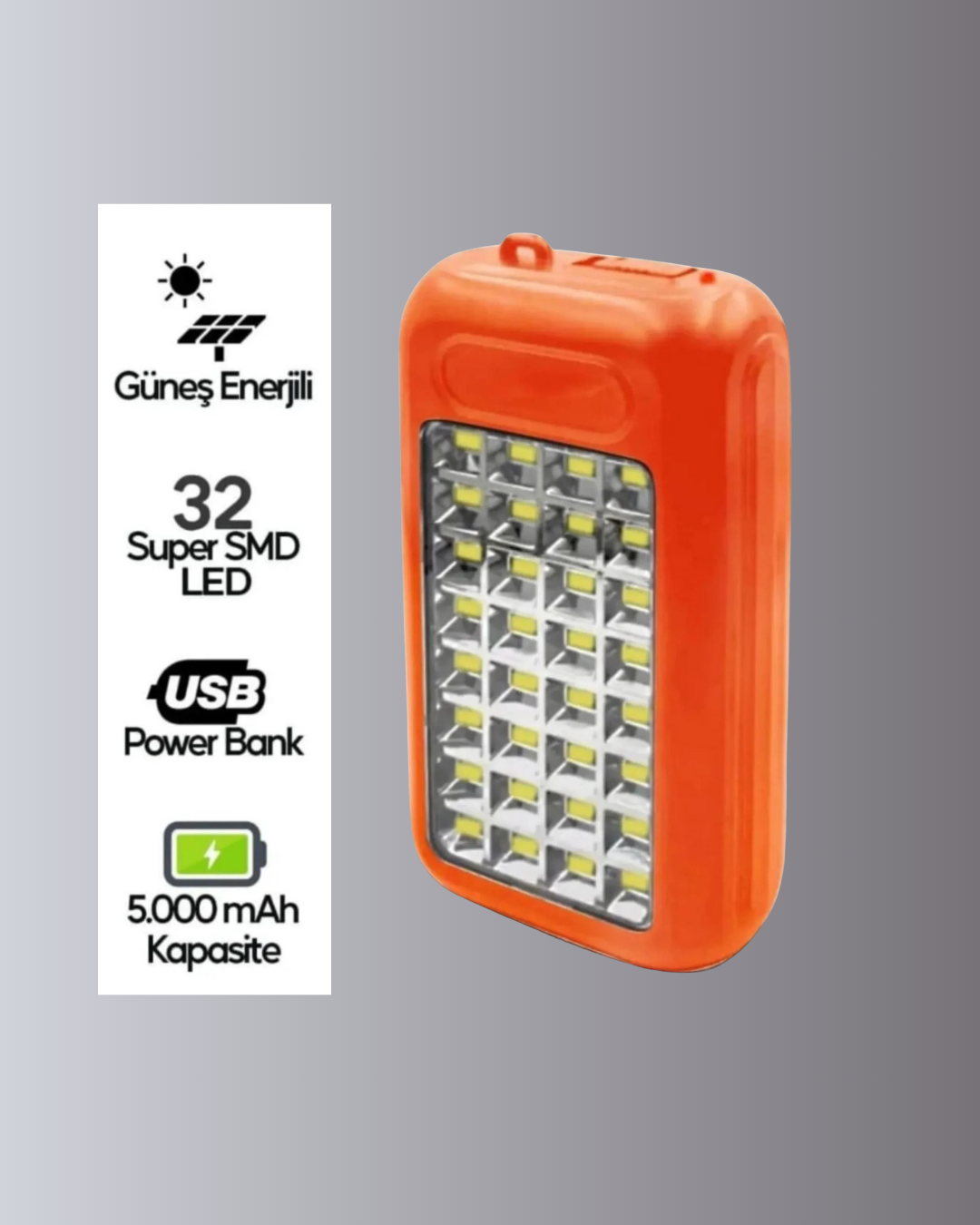 Güneş Paneli ile Şarj Olan 32 LED’li Powerbank Cihazı - Görsel 2
