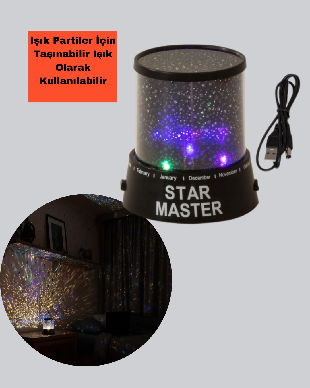 Galaxy Efektli LED Projektör Taşınabilir Yıldız Gece Lambası - Görsel 2