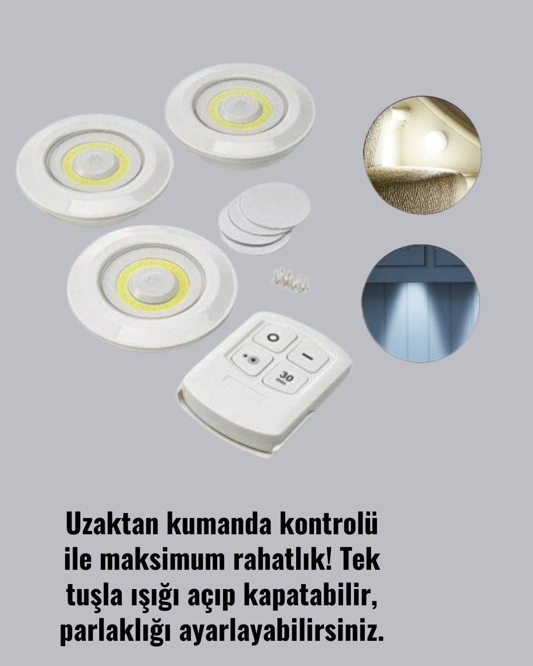 3 Lü Pilli Kablosuz Led Spot Lamba Seti Kumandalı Kolay Montaj Aydınlatma - Görsel 3
