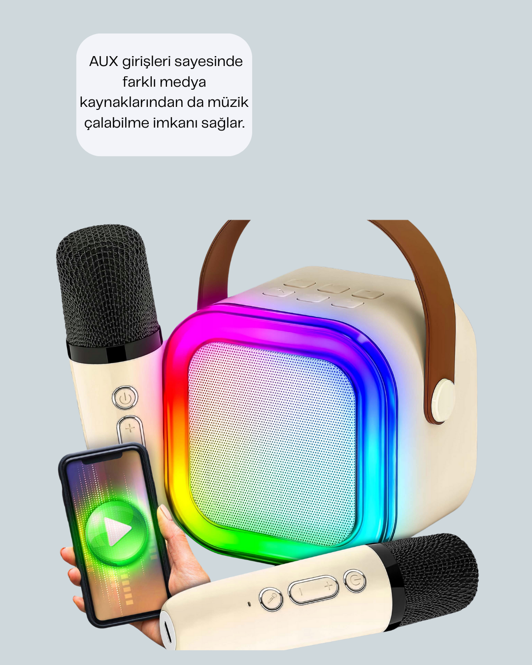 LED Işıklı Taşınabilir Karaoke Hoparlör – USB & AUX Girişli - Görsel 3
