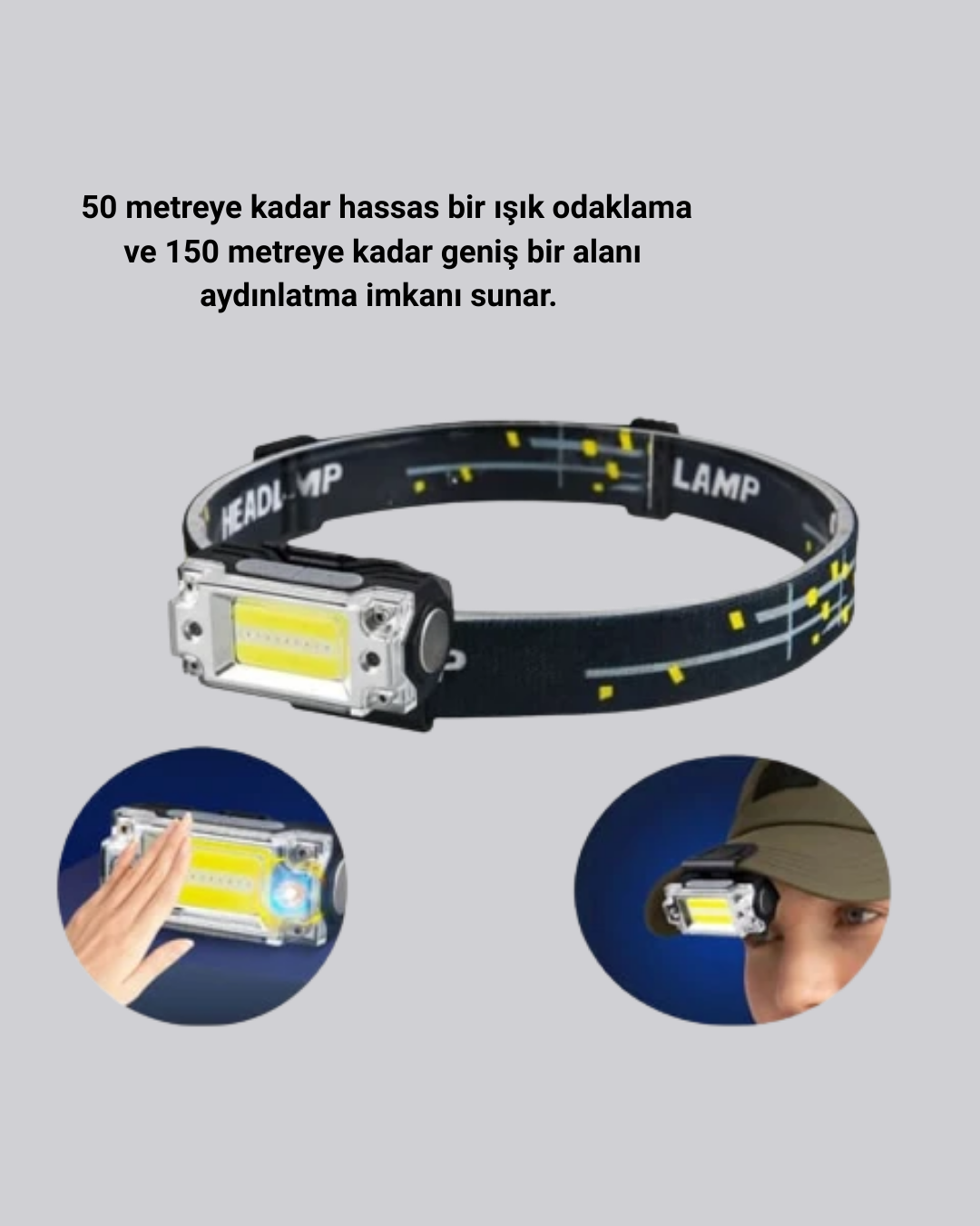 Beyaz Led Işık Sensörlü Kafa Lambası Lityum Batarya Led El Fenerli Şarjlı - Görsel 5