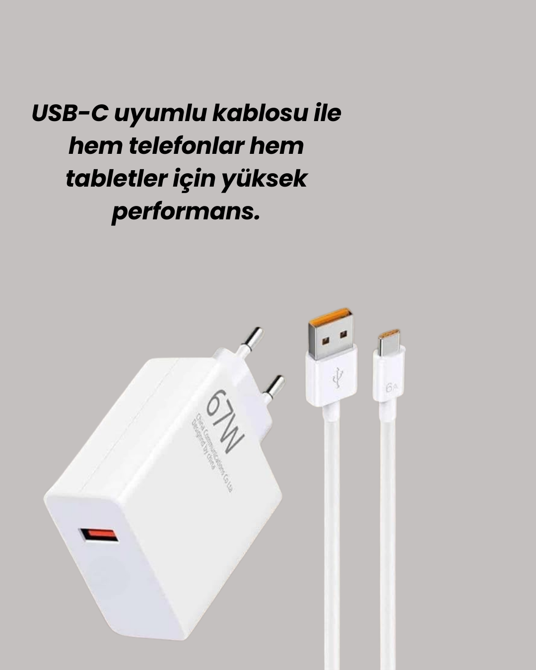 67W Hızlı Şarj Adaptörü ve Veri Aktarım Özellikli Type-C Kablo Seti - Görsel 3